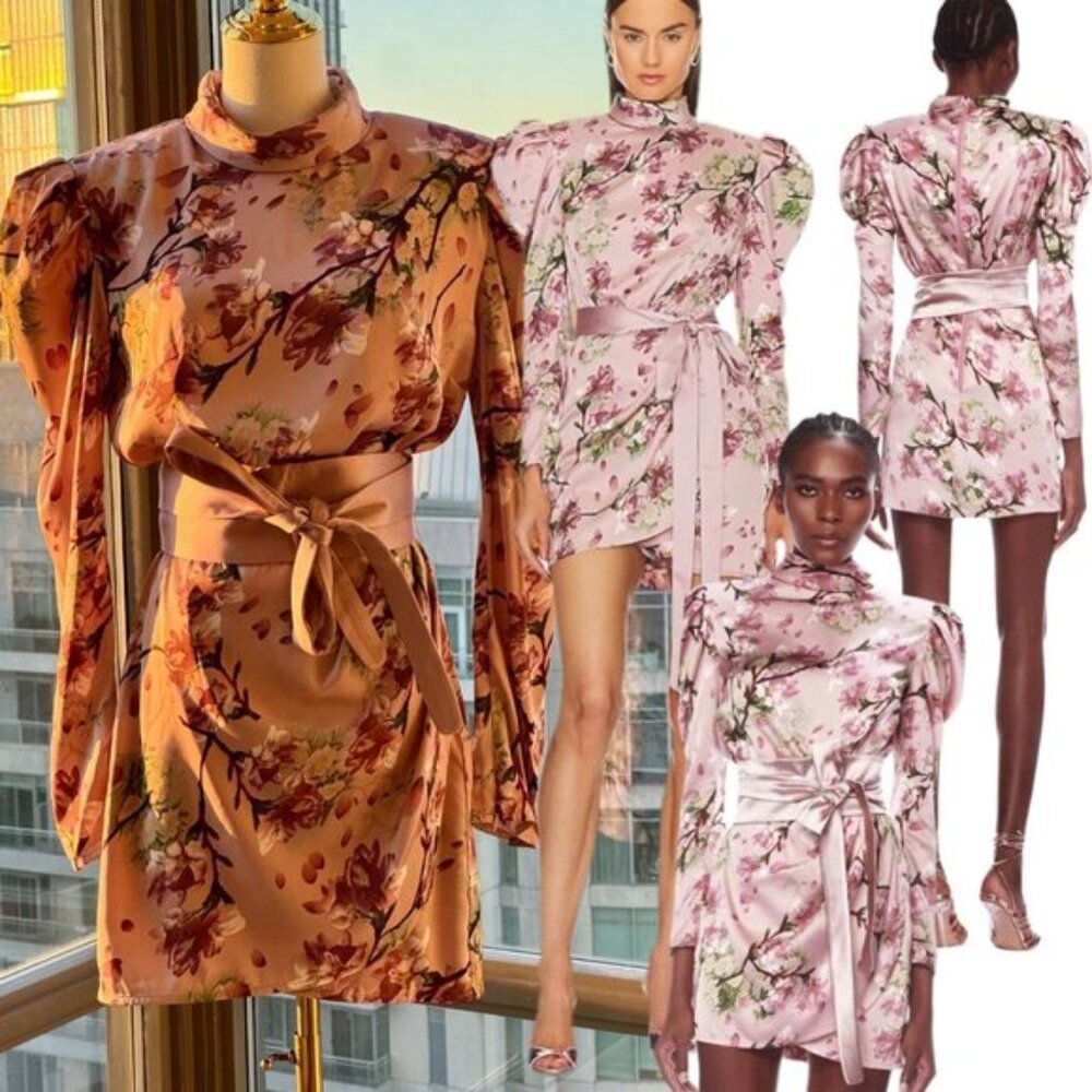 Bronx and Banco Floral Long-Sleeve Satin Mini Dress in Blush Pink and Rust